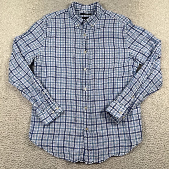 Banana Republic Shirt Men's Large‎ Camden Standard Fit 100% Linen Blue Plaid - Picture 3 of 10
